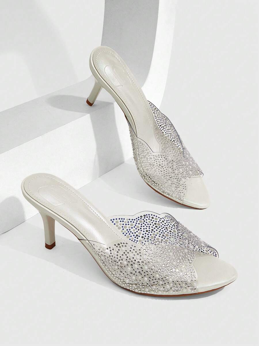 CUCCOO SZL Sandálias Casuais Confortáveis Pontiagudas de Mulher, Decoradas com Cristal e Diamante no Salto Cone, em Pérola Dourada, Material Transparente de TPU, Adequadas para Festas, Casamentos, Primavera, Verão e Outono - Branco Pérola - Visão 1
