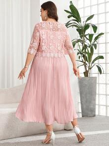 SHEIN Clasi 大码女士优雅刺绣荷叶边连衣裙 - 粉色 - 查看 3