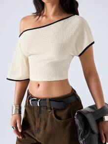 LYSMO Áo croptop nữ kiểu dáng thường ngày, cổ lệch, phối màu tương phản, thích hợp cho mùa hè. - Màu be - Xem 4