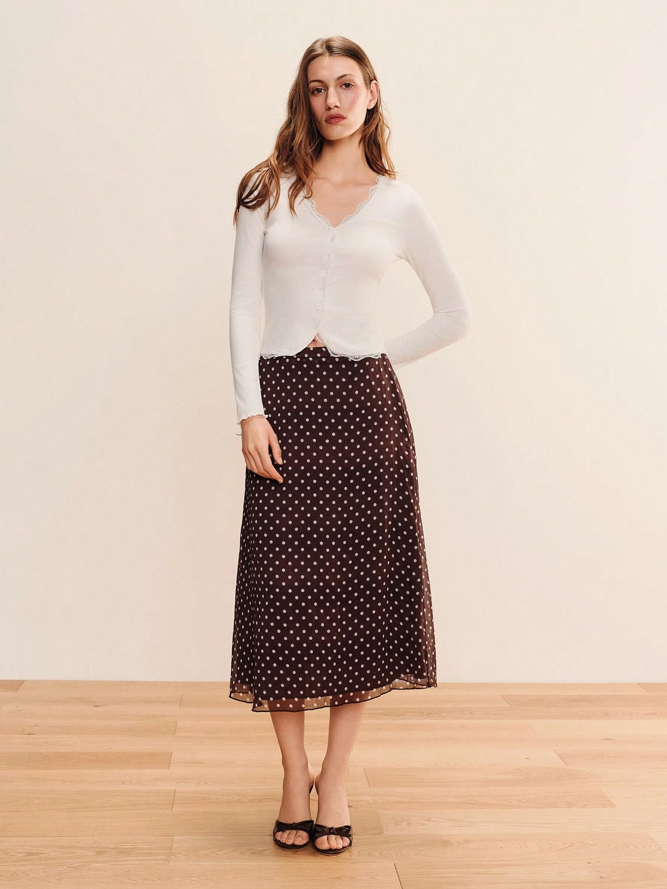 Brown Polka Dot Chiffon Midi Skirt Spring Summer Going Out Work Outfit Holiday Outfit VIntage Skirt French Style Skirt Polkadot Skirt Casual Vacation Outfit Chic