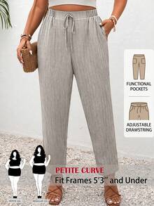 SHEIN PETITE CURVE Calça feminina plus size com bolsos, cintura ajustável e cordão, ideal para férias. - Damasco - Ver 3