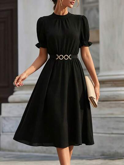Opuloom Solid Puff Sleeve Belted A-Line Dress Maxi Women Outfit