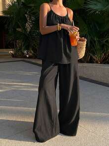 Livesso Spring & Summer Fashion Brown Camisole Top And Wide Leg Pants Set, Casual Loose Vacation Beach Elegant Office Wear 2-Piece Outfit For Women - Black - View 4