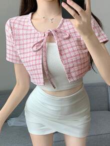 Joudiya Plaid Print Tie Front Crop Tee - Pink - View 4