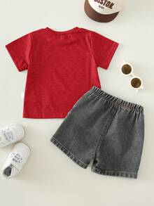2pcs/Set Baju Bayi Laki-laki Kasual Musim Panas untuk Liburan Pantai, Kaos Motif Hijau dan Celana Pendek Denim Hitam - MultiWarna - View 3