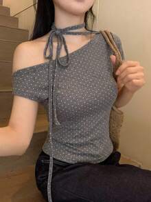 DAZY Women's Polka Dot Tie Shoulder Short Sleeve T-Shirt, Korean Style, Spring/Summer - Grey - View 4