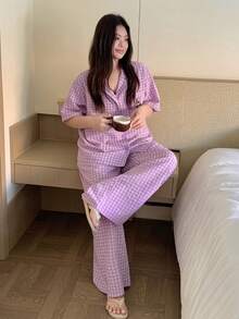 Dazy Plus Flat Collar Plaid Loose Cartoon Pattern Short Sleeve Top And Loose Pants Pajama Set - Purple - View 5