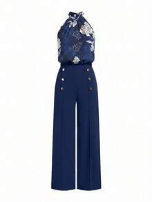 Gownix 女款優雅海軍藍花卉印花掛脖上衣與純色寬腿褲兩件套，夏季早午餐商務休閒教師穿搭套裝 - 彩色 - 查看 4