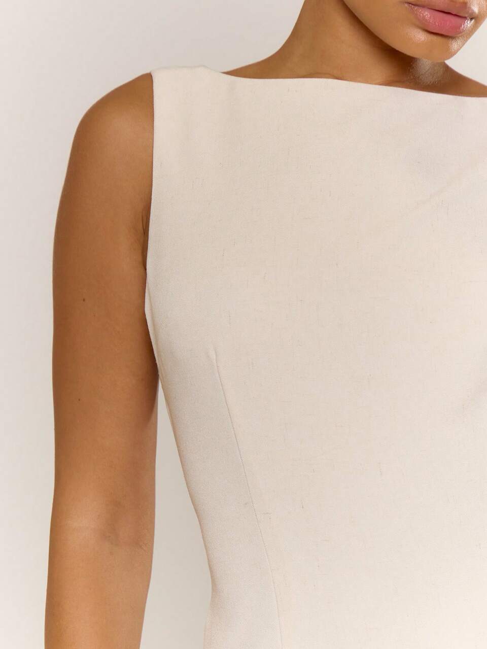 Cream Boatneck Scoop Sleeveless Low Open Back Coloumn Fitted Mini Dress
