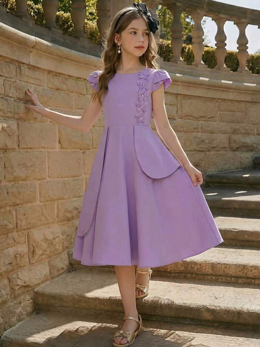 Robe courte évasée pour filles, couleur unie avec décoration papillon, convient pour mariage, fête, anniversaire, banquet - Parme - Voir 1