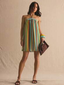 MUSERA Stripe Halterneck Flowy Mini Summer Dress Spring Summer Cosy Cute Daily Girly Vacation Sunlight Social - Brown - View 6