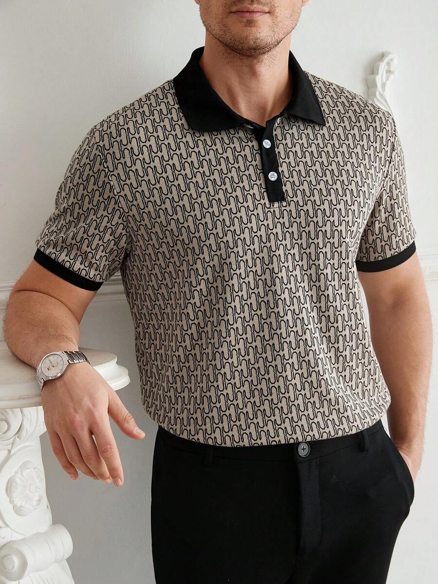Core Aspect 男士撞色领 Polo 衫，几何印花短袖商务休闲衬衫，轻盈成熟风格，适合通勤穿着