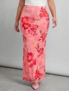 SHEIN Tall CURVE 大尺碼女款高個花卉夏季波希米亞風海灘度假 Y2K 高腰優雅長裙，適合派對、婚禮賓客、度假 - 粉色 - 查看 11