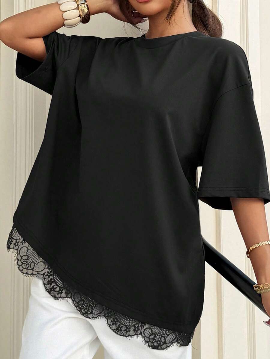 SHEIN EZwear Plus Size Women Fashion Versatile Lace Patchwork Hem Short Sleeve Top - Black - View 1