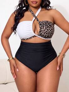 Swim Vcay Plus Size Women One-Piece Contrast Color Elegant Swimsuit For Beach & Pool - Black and White - View 3