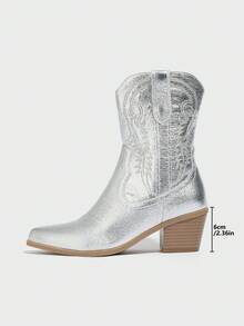 Daringsoles 女士厚底性感假日西部靴通勤刺绣尖头中跟侧拉链秋冬靴美式短靴低帮靴假日圣诞节万圣节复古靴 - 銀色 - 查看 15