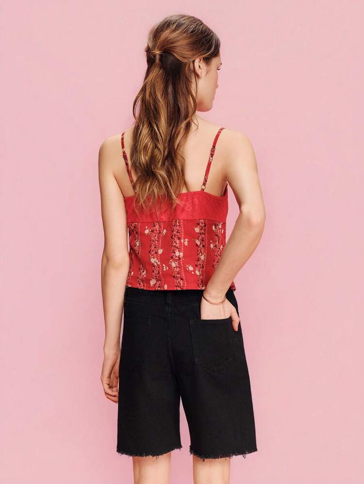 Red Cami Top With Lace Trim And A Floral Striped Print Spring Summer Casual Holiday Top French Style Going Out Top