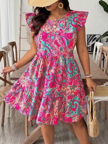 SHEIN VCAY Plus Size Round Neck Ruffle Hem Tropical Vintage Print Fashion Casual Dress, Beach Dress Sundress, Holiday Boho Outfits - Hot Pink - View 5