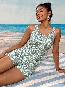 Swim SPRTY Women's All-Over Print One-Piece Swimsuit For Beach Vacation - Dark Green - View 5