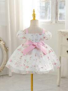 Glamorique Kids 女婴粉色刺绣网纱连衣裙，配腰带和蝴蝶结，无袖/短袖公主裙，适合生日、婚礼、派对、节日等场合。 - 粉色 - 查看 2
