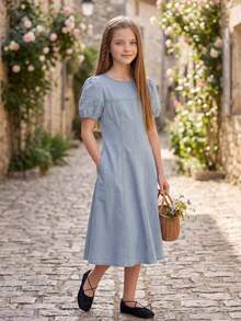 DAZY Tween Girls Denim Short Sleeve Dress - Light Wash - View 3
