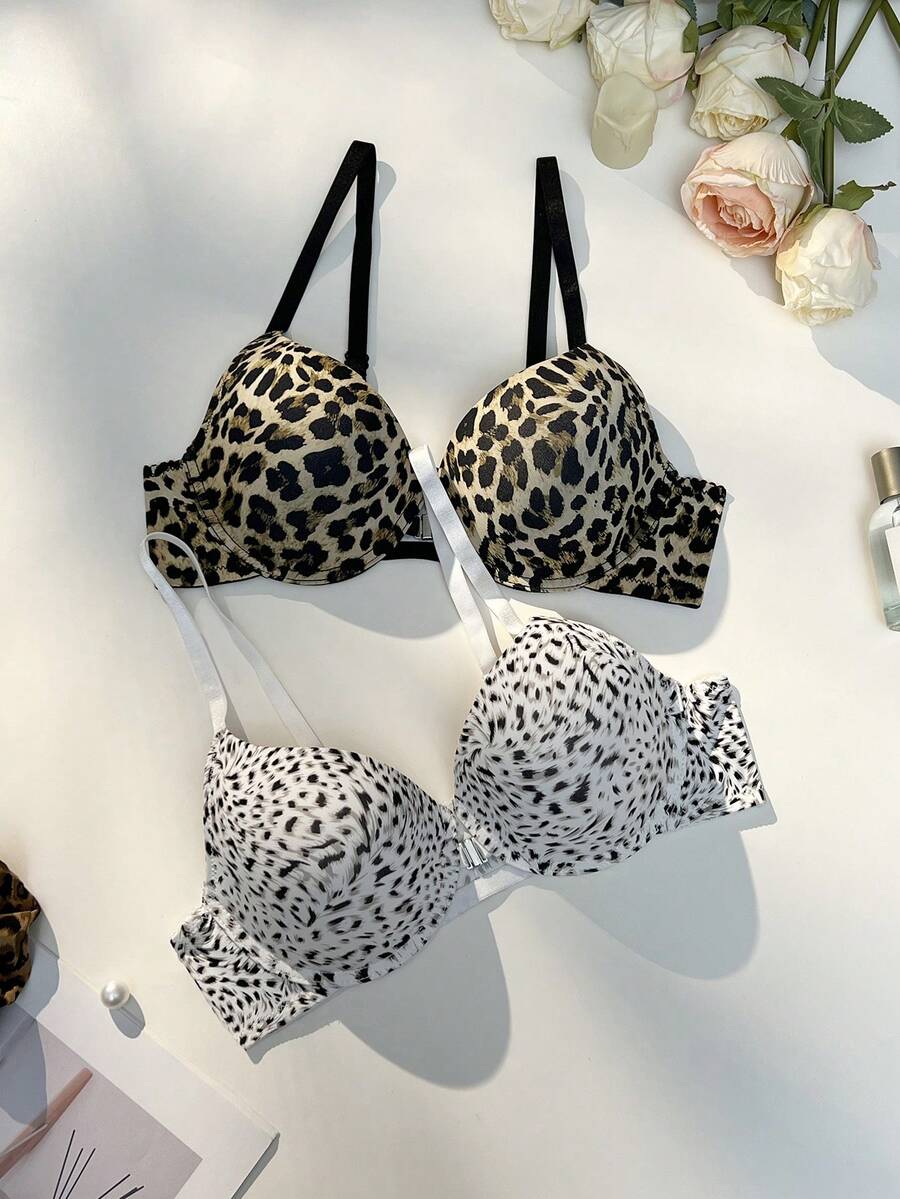 Bare Chapter 2pcs Thin Padded Steel Underwire Front Closure Sexy Leopard Print Supportive Bra - Multicolor - View 1