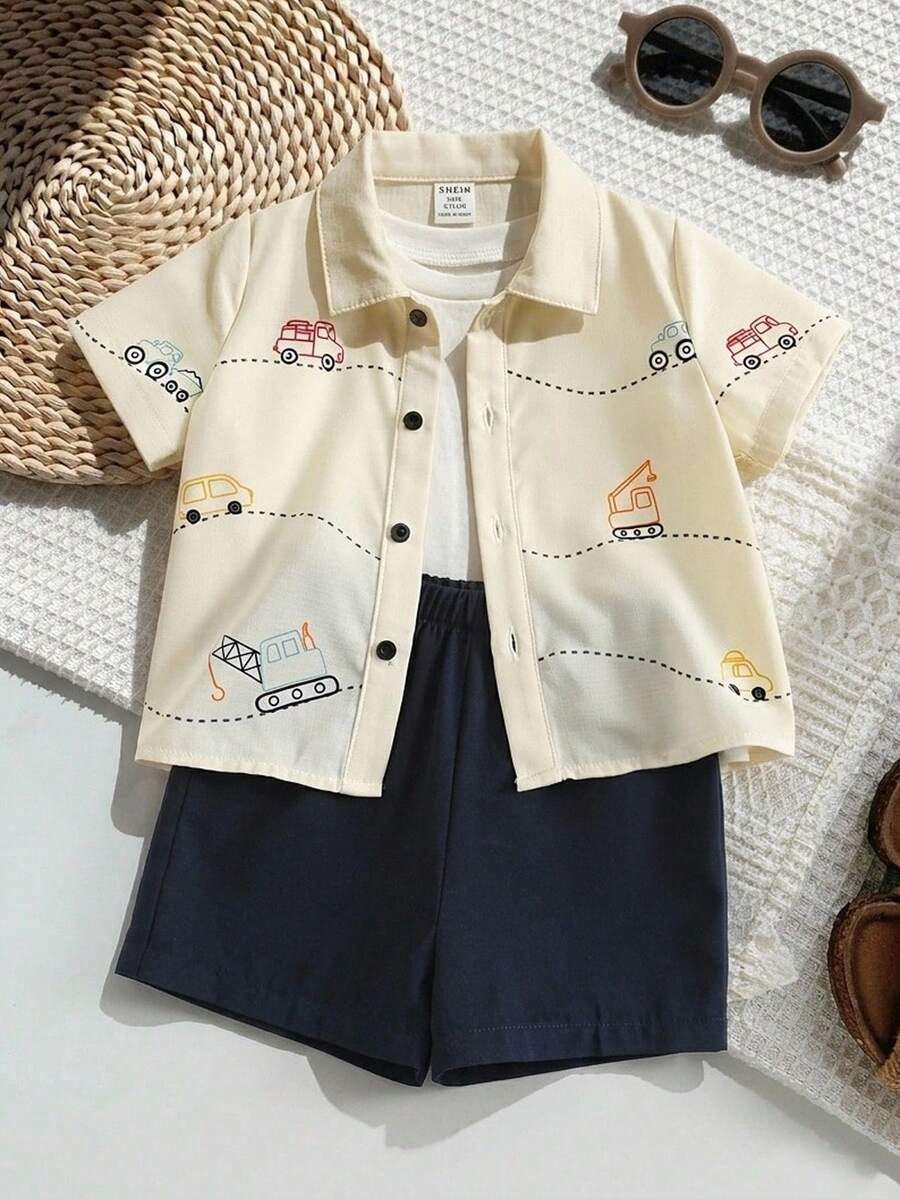 SHEIN 2件套男女宝宝休闲度假风可爱卡通汽车刺绣短袖衬衫和短裤套装,男宝宝套装,男宝宝夏季服装,夏威夷衬衫 - 彩色 - 查看 1