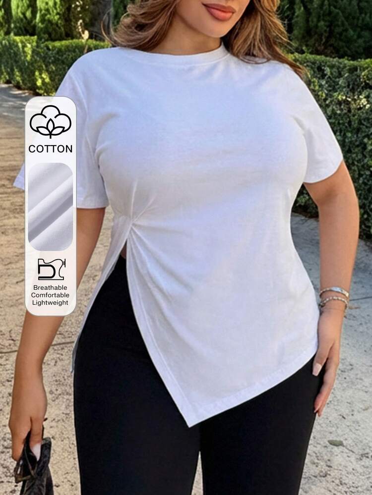 Dazy Plus Plus Size Women's Casual Round Neck Solid Color Short Sleeve White T-Shirt With Slit Hem Design