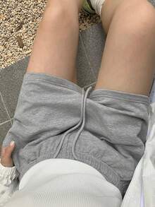 Dazy Plus Quần short thể thao dệt kim cạp chun màu trơn dành cho nữ cỡ lớn, thích hợp cho mùa xuân/hè. - Xám - Xem 8