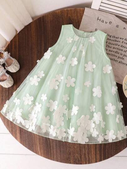 SHEIN Glamorique Kids Đầm công chúa không tay cổ tròn in hoa cho bé gái, đầm dự tiệc, đầm bé gái cầm hoa, đầm hoa 3D, đầm dự tiệc sinh nhật, đầm cưới, đầm ngày lễ.