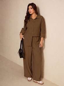 Elaquor Plus Size Casual Minimalist Basic Striped 2 Pieces Set, Loose Fit - Rust Brown - View 6