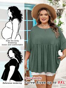SHEIN CURVE+ Curve 尺码 US22 音乐节、海滨度假、波西米亚风女士超宽松弹力娃娃衫 T 恤 - 墨綠色 - 查看 9
