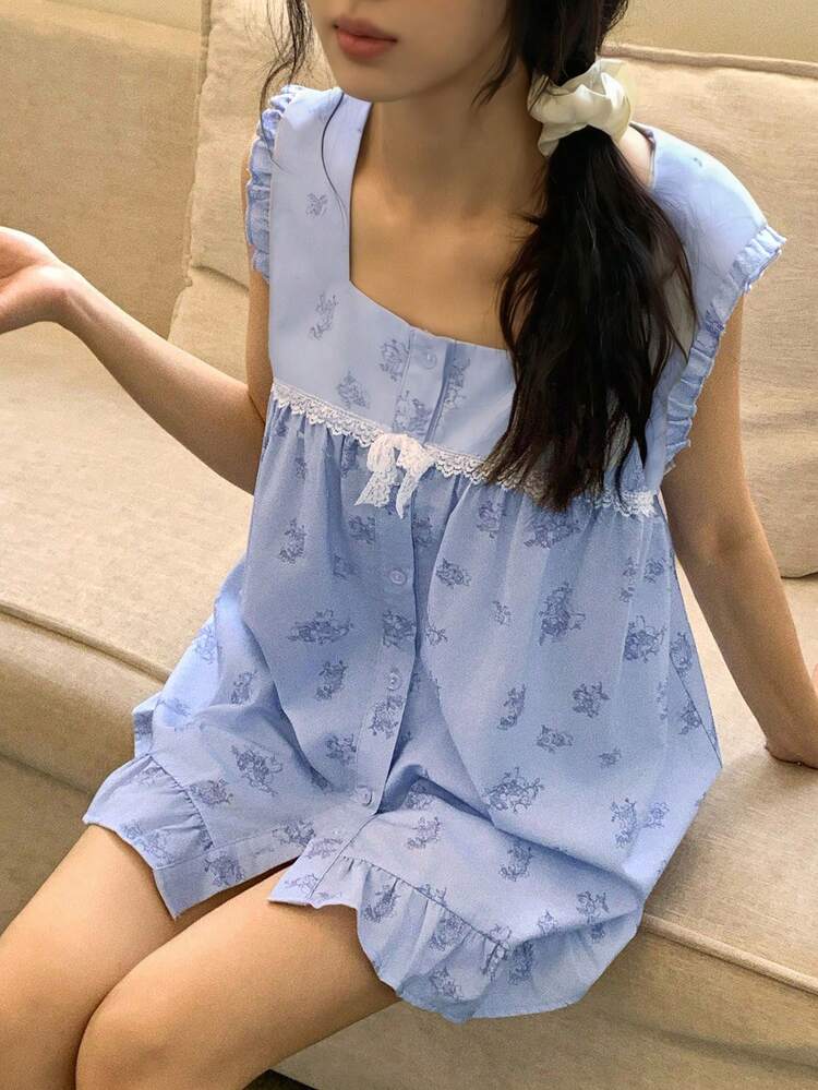 Floral Sweet Contrast Color Lace Patchwork Ruffle Trim Sleeveless Top And Shorts Women Pajama Set