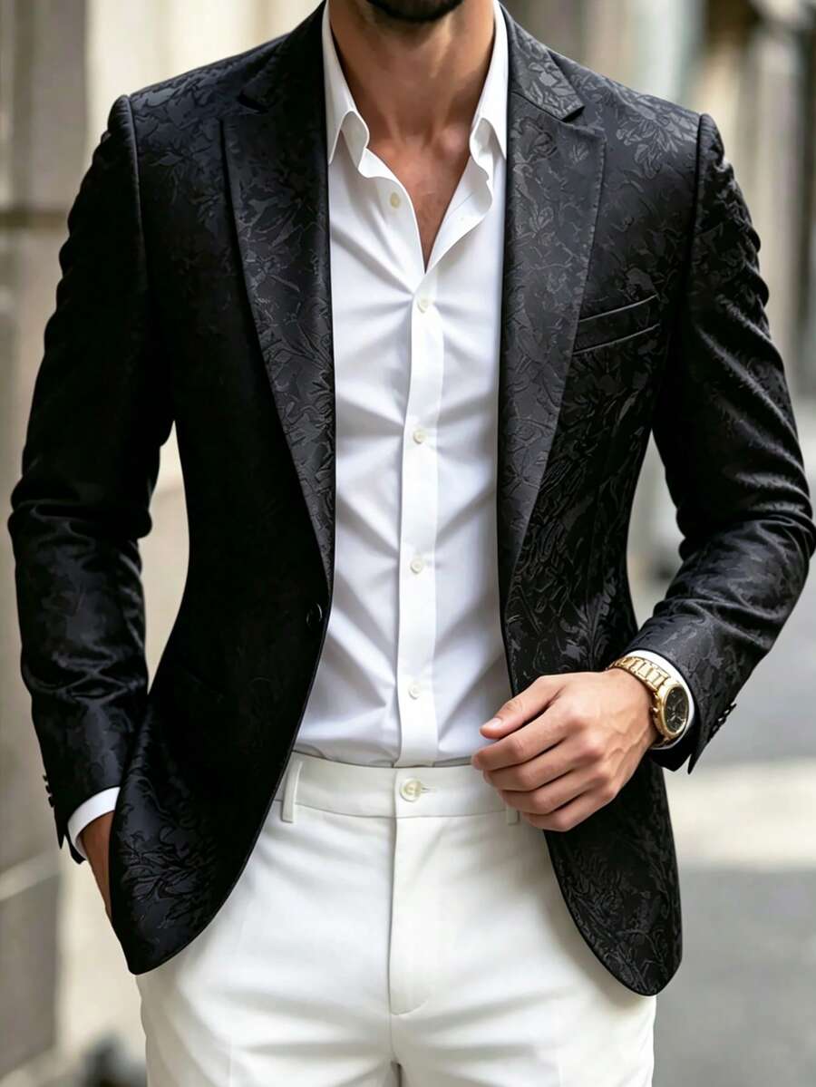 Manfinity Mode Jaket Jas Pria Mewah Tenun Jacquard Hitam - Hitam - View 1