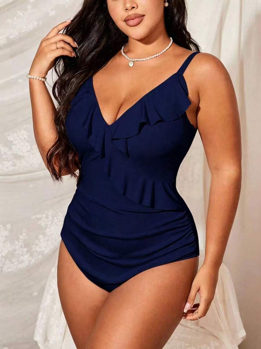 Swim Lushoire Baju Renang Terusan Wanita Ukuran Besar Warna Polos dengan Hiasan Ruffle, Cocok untuk Liburan Pantai, Pesta Kolam Renang, Liburan Pantai, Pesta Pantai, Biru Tua, Seksi untuk Musim Panas - Navy Blue - View 1