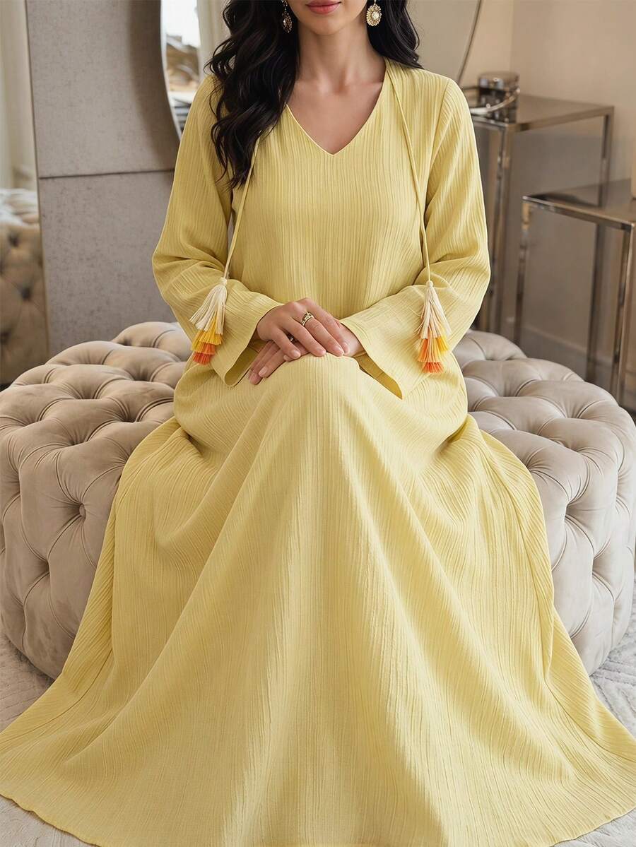 Al Najma 女士V领撞色装饰长款宽松休闲连衣裙，夏季 - 黃色 - 查看 1