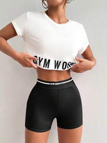 BamGleam Women Round Neck Short Sleeve Letter Printed Top + Spaghetti Strap Crisscross Back Striped Patchwork Bra And Shorts, 3pcs Slim Fit Casual Sports Set Workout Women Setwomen Workout Set Gym Women Outfit - Black and White - View 5