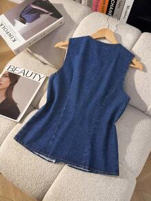 GlowEve Áo khoác gile denim nữ cài một hàng khuy bằng kim loại, kiểu dáng thường ngày. - Rửa tối - Xem 2