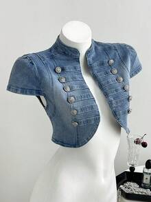 Elamini Áo sơ mi denim nữ cổ đứng cài cúc kiểu Napoleon, chất liệu denim mài. - Rửa nhẹ - Xem 4