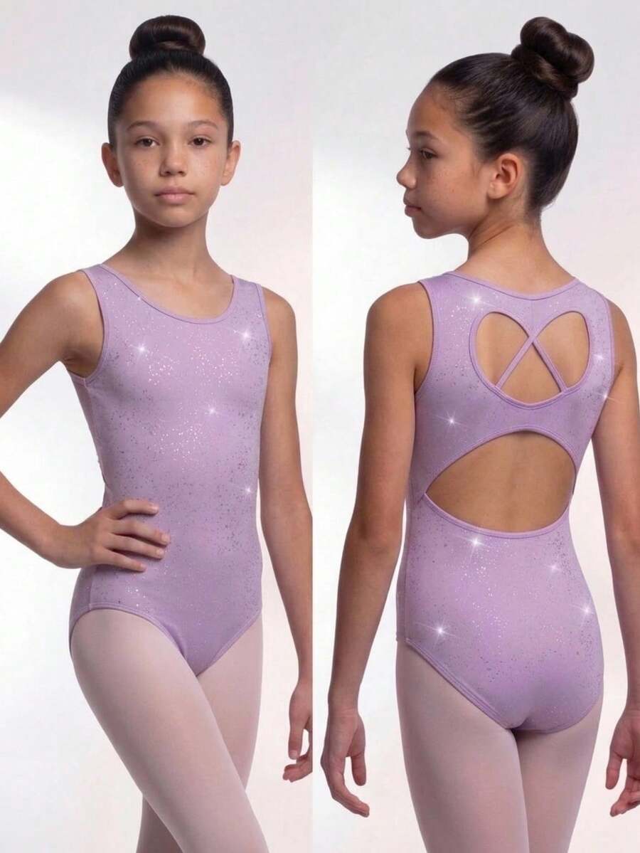 SHEIN Bộ đồ liền thân thể thao thường ngày, năng động, co giãn cao, bóng bẩy, chất liệu dệt kim ánh kim, hở lưng, dành cho bé gái tuổi teen, màu tím. - Màu tím - Xem 1