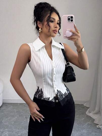 Elenzga Women's Sleeveless Striped Blouse With Lace Trim, V-Neck, Button Front, Waist Cinched, Versatile For Office, Casual, Beach, Vacation, Elegant French Vintage Style