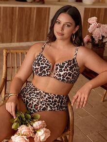 Swim Vcay 大尺碼女款豹紋細肩帶比基尼與三角泳褲泳衣套裝，適合海灘度假 - 彩色 - 查看 5