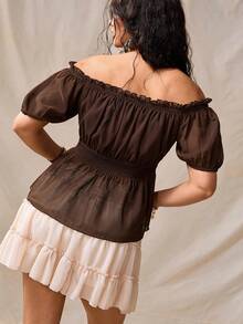 Nubod Plus Size Summer New Chiffon Ruffle Off Shoulder Petal Sleeve Cinched Waist Flared Hem Women's Fashion Romantic Boho Vacation Elegant Blouse Brown - Brown - View 2