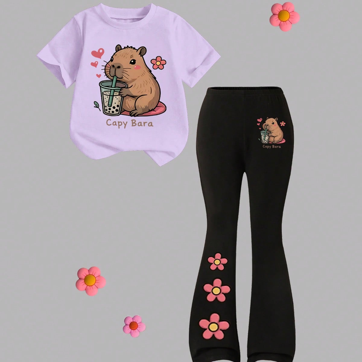Piezas Conjunto de camiseta y pantalones acampanados de moda informal para niñas preadolescentes, primavera/verano/otoño, estampado de capibara bebi