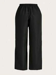 SHEIN EZwear 大码休闲直筒工装裤，适合夏季 - 黑色 - 查看 6