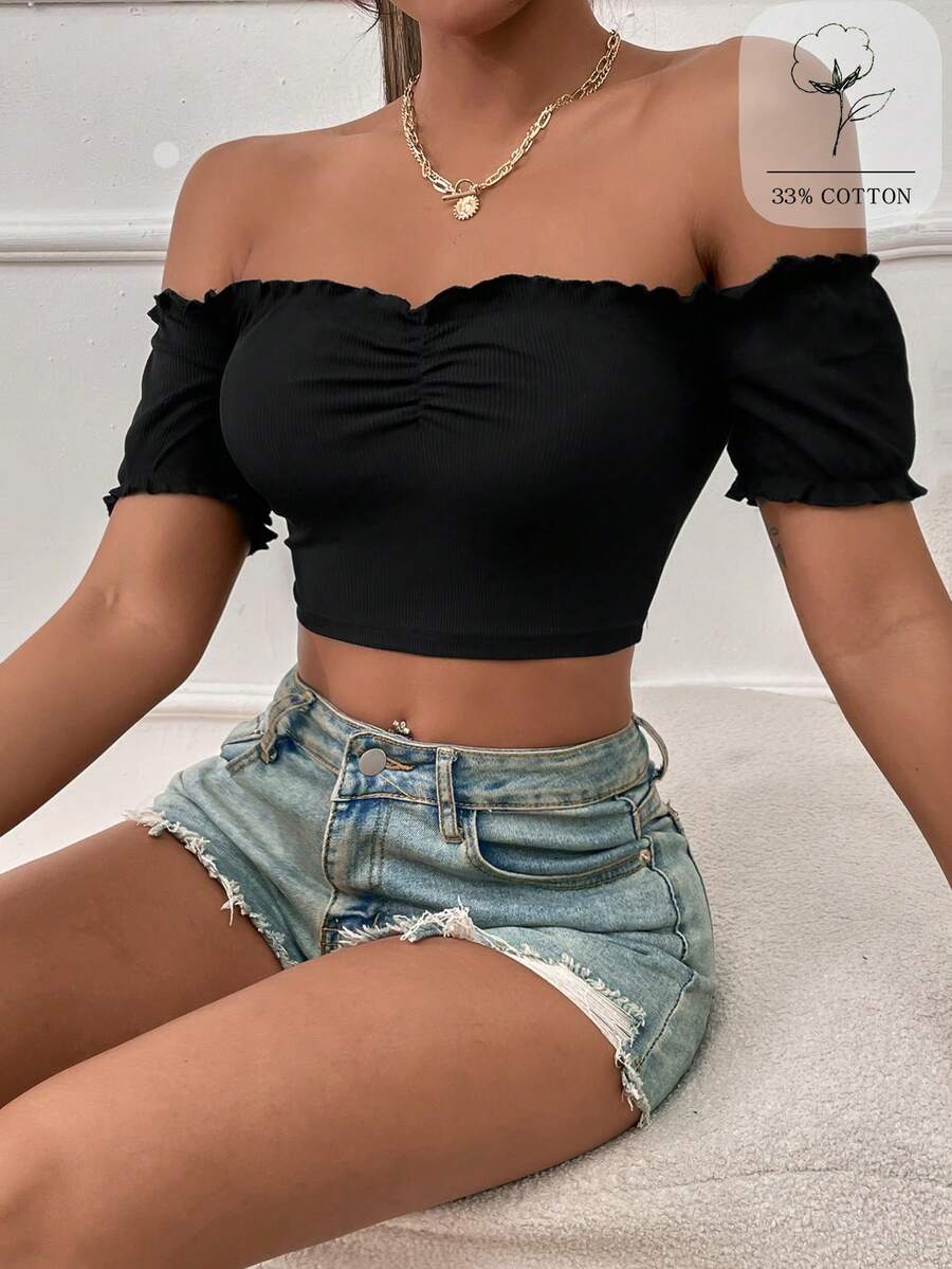 SHEIN Holidaya Women's Solid Color Off-Shoulder Ruched Fitted Casual T-Shirt - Black - View 1