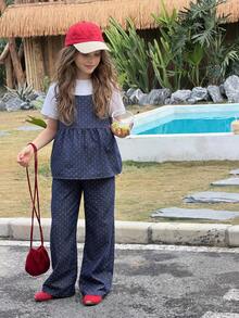 DAZY Girls' Polka Dot Print Denim Camisole Top And Wide Leg Jeans 2-Piece Set, Fall Outfit Summer - Blue - View 1