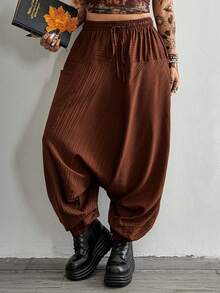 Whyspr Plus Size Casual Solid Color Drop-Crotch Pants - Brown - View 4