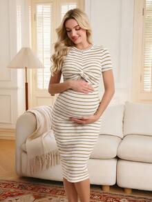 GentleRue Maternity 孕婦休閒條紋扭結前襟短袖哺乳洋裝，夏季度假海灘假日穿搭，舒適女款 - 黃色 - 查看 1