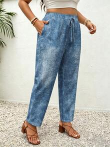 SHEIN Frenchy Plus Size Women Denim Effect Print Drawstring Waist Pocket Pants - Multicolor - View 5